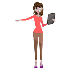Cute girl in a flat style pointing and holding tablet in the hand. Vector illustration