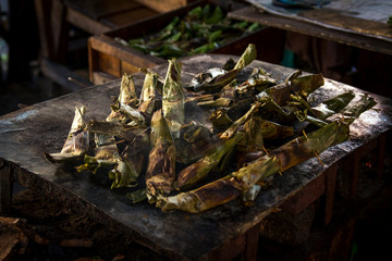 A yummy traditional grill food wrapped in the banana leaf