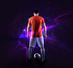 Football scene with soccer player in front of a futuristic digital background