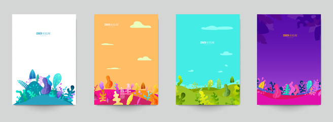 Minimal template design for branding, advertising with cartoon plants, leaves or trees in flat style. Set background for covers, invitations, posters, banners, flyers, placards. Vector illustration.