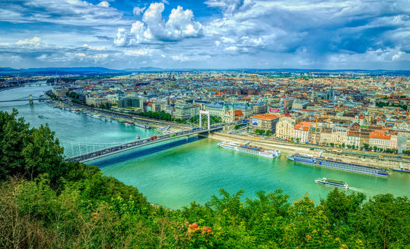 Old Houses Of Budapest And The Danube River, Aerial View