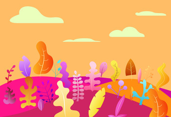Cartoon abstract landscape with plants, leaves or trees in trendy geometric flat style. Minimalistic colorful vector design background.