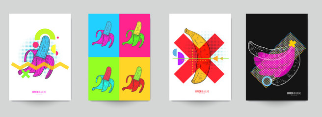 Estores personalizados com sua foto Set background for covers, invitations, posters, banners, flyers, placards. Minimal template design for branding, advertising with hand drawn sketch banana in fashion pop art style.