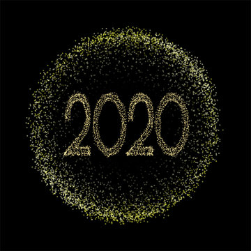 2020 halftone gold circle tag, golden banner, new year frame, text 2020, isolated gold gradient circle. Vector illustration