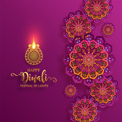 Diwali, Deepavali or Dipavali the festival of lights india with gold diya patterned and crystals on paper color Background.