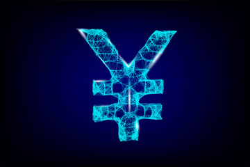 Yen currency sign, digital neon 3d illustration. Polygonal Vector Japanese money symbol. Business, data cash, finance concept. Low poly wireframe, triangle, lines, dots, polygons. Blue background