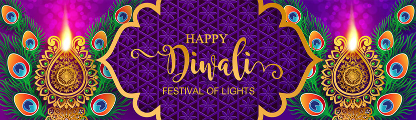 Diwali, Deepavali or Dipavali the festival of lights india with gold diya patterned and crystals on paper color Background. © Siam Vector