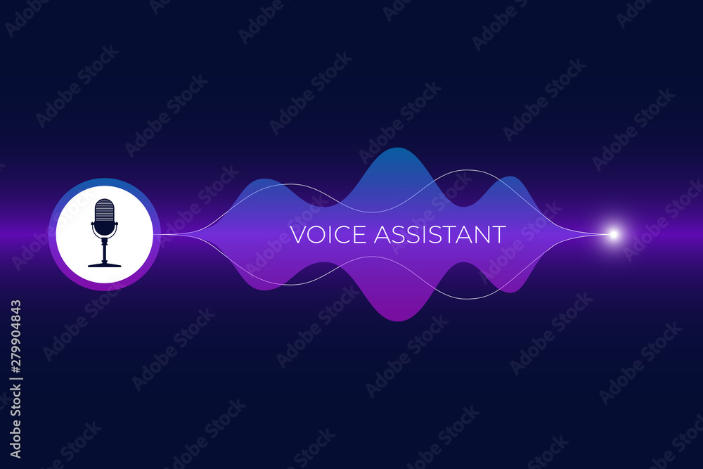 Poster personal assistant and voice recognition concept. microphone button with bright gradient sound wave.