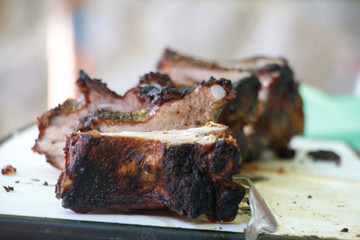 Close-up of a juicy piece of toasted meat, barbecue in nature or a picnic