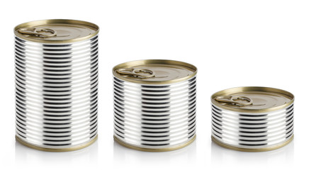 Set of metal tin cans, isolated on white background
