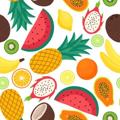 vector seamless pattern of exotic fruits: pineapple, watermelon, lemon, lime, coconut, banana, papaya, kiwi, dragon fruit. Tropical food. Hand-drawn flat illustration. use for the menu and textile.
