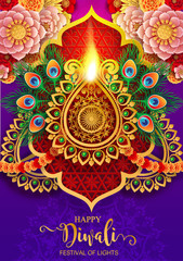 Diwali, Deepavali or Dipavali the festival of lights india with gold diya patterned and crystals on paper color Background.