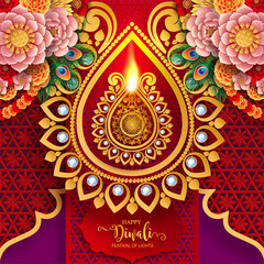Diwali, Deepavali or Dipavali the festival of lights india with gold diya patterned and crystals on paper color Background.