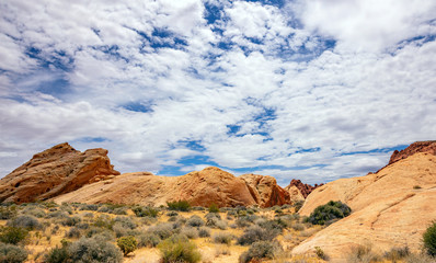 Valley of fire state park, Nevada USA. Red sandstone formations, blue sky with clouds