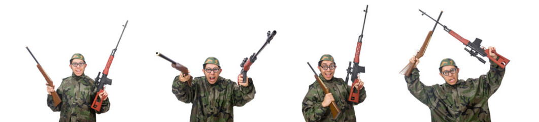 Military man with a gun isolated on white