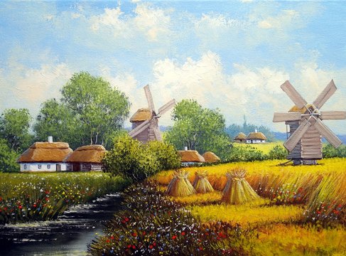 Oil paintings rural landscape, handmade  artwork.  Old village. Fine art. 