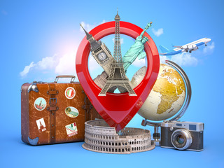 Travel and tourism concept. Pin pointer with famous tourist attractions, camera, suitcase and airplane. Eiffel tower, big ben, statue of liberty and coliseum.
