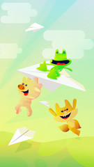 Fototapeta premium A fox a pig and a frog having a great time with paper planes in a sunny day 