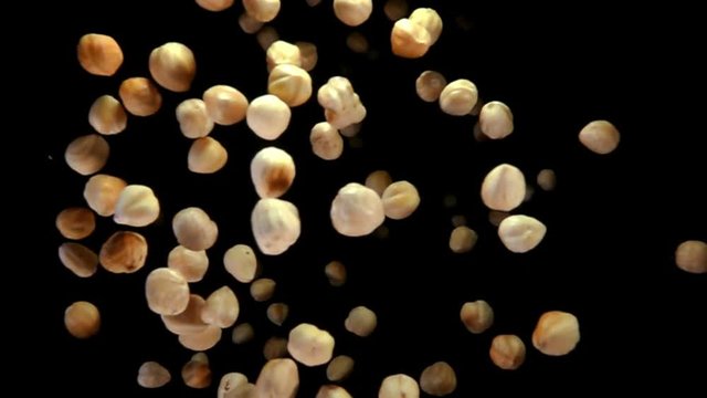Hazelnuts bouncing against to the camera on a black background in slow motion