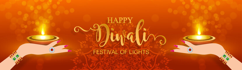 Diwali, Deepavali or Dipavali the festival of lights india with gold diya patterned and crystals on paper color Background.