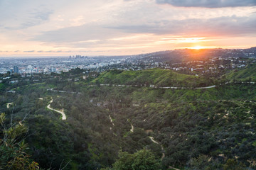 Beautiful sunset over Los Angeles and Hollywood Hills