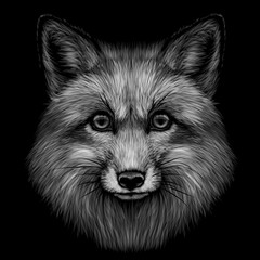 Fox. Black and white graphic portrait of  Fox on a black background.
