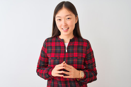 Young chinese woman wearing casual jacket standing over isolated white background Hands together and fingers crossed smiling relaxed and cheerful. Success and optimistic