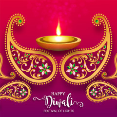 Diwali, Deepavali or Dipavali the festival of lights india with gold diya patterned and crystals on paper color Background.