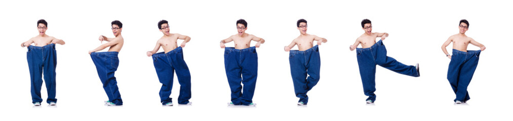 Funny man with trousers isolated on white