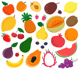 A large set of fruit in a cartoon style. Lovely and conceptual fruit. Vector isolates on a white background.