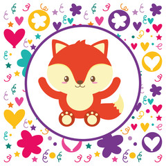 cute baby fox flowers heart background