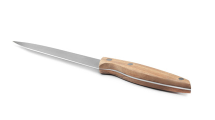 Sharp utility knife with wooden handle isolated on white