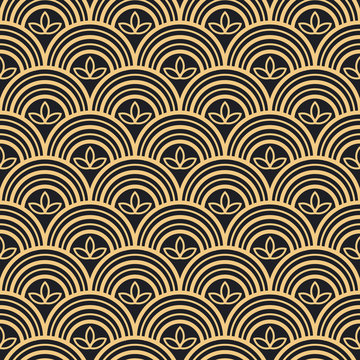 Seamless black and gold art deco floral outline fish scale vintage pattern vector