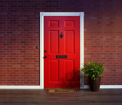 Inviting red front door with welcome mat and potted fern plant