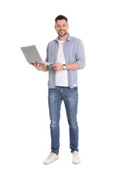 Happy man with laptop on white background