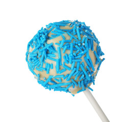 Tasty cake pop with blue sprinkles isolated on white