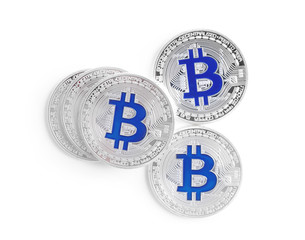 Bitcoins isolated on white, top view. Digital currency
