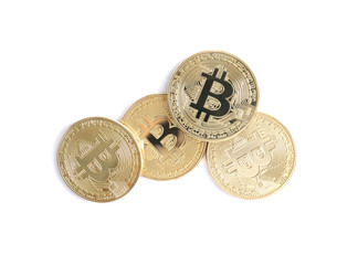 Pile of bitcoins isolated on white, top view. Digital currency