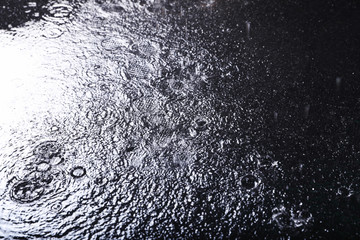 Rain drops falling down against dark background