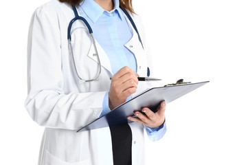 Doctor with clipboard in uniform on white background, closeup. Medical service