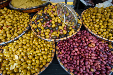 Green and black olives in the oriental market