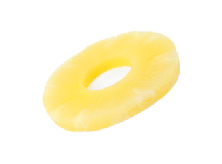 Slice of delicious sweet canned pineapple on white background