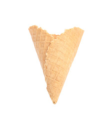 Empty wafer ice cream cone on white background