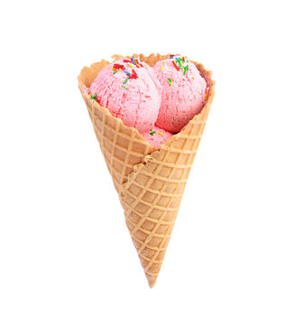 Delicious ice cream in wafer cone on white background