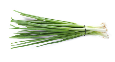 Bunch of fresh green onions on white background