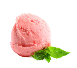 Scoop of delicious strawberry ice cream with mint on white background