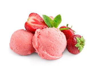 Scoops of delicious strawberry ice cream with mint and fresh berries on white background