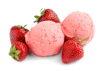 Scoops of delicious strawberry ice cream with fresh berries on white background