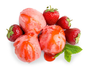 Scoops of delicious strawberry ice cream with mint, syrup and fresh berries on white background, top view