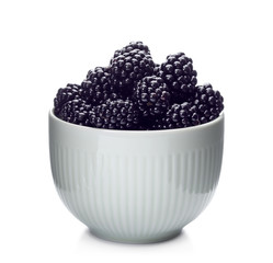 Ceramic bowl of tasty ripe blackberries on white background